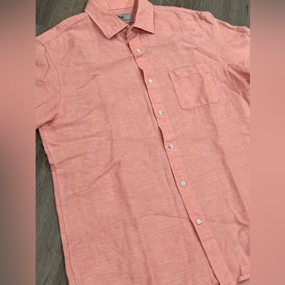 Hickey Freeman Large Short Sleeve Salmon Linen Cotton Blend Button Front Shirt - Picture 3 of 11